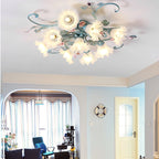 European Vintage Ceramics Floral Blue Iron Ceiling Light French Rustic Art Chandelier for Living Room & Bedroom