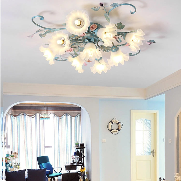 European Vintage Ceramics Floral Blue Iron Ceiling Light French Rustic Art Chandelier for Living Room & Bedroom