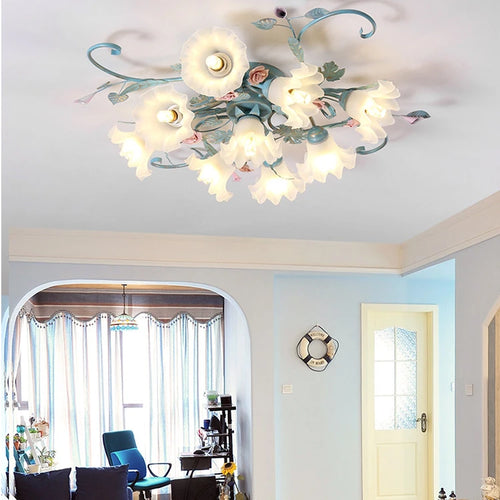 European Vintage Ceramics Floral Blue Iron Ceiling Light French Rustic Art Chandelier for Living Room & Bedroom