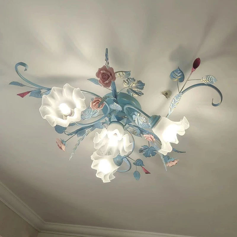 European Vintage Ceramics Floral Blue Iron Ceiling Light French Rustic Art Chandelier for Living Room & Bedroom