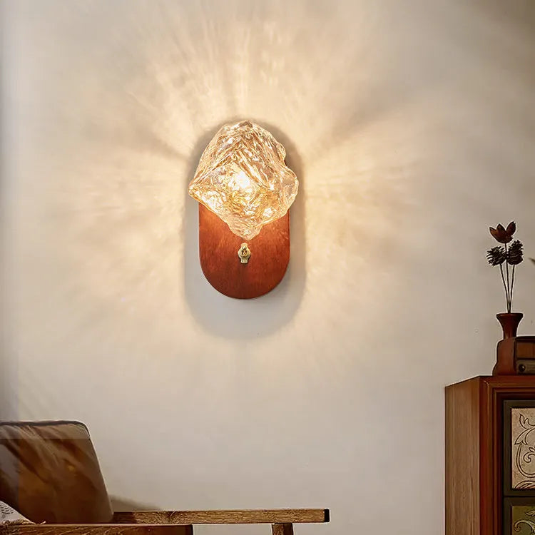 Vintage Ice Glass Wall Sconce Mid-Century Solid Wood Bedside Wall Light for Bedroom, Hallway & Living Room