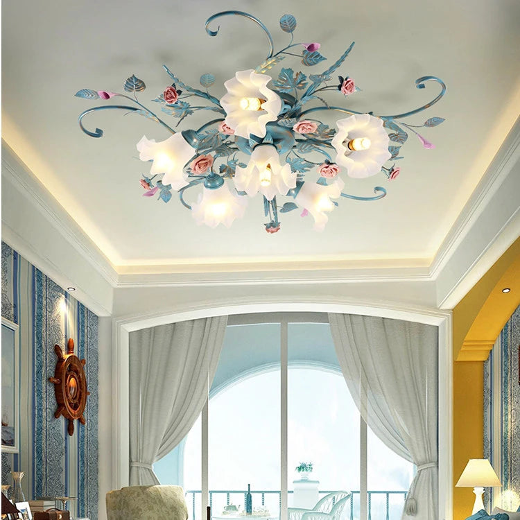 European Vintage Ceramics Floral Blue Iron Ceiling Light French Rustic Art Chandelier for Living Room & Bedroom