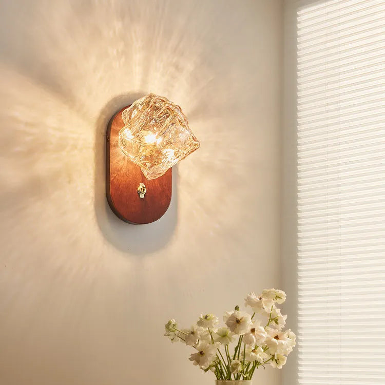 Vintage Ice Glass Wall Sconce Mid-Century Solid Wood Bedside Wall Light for Bedroom, Hallway & Living Room