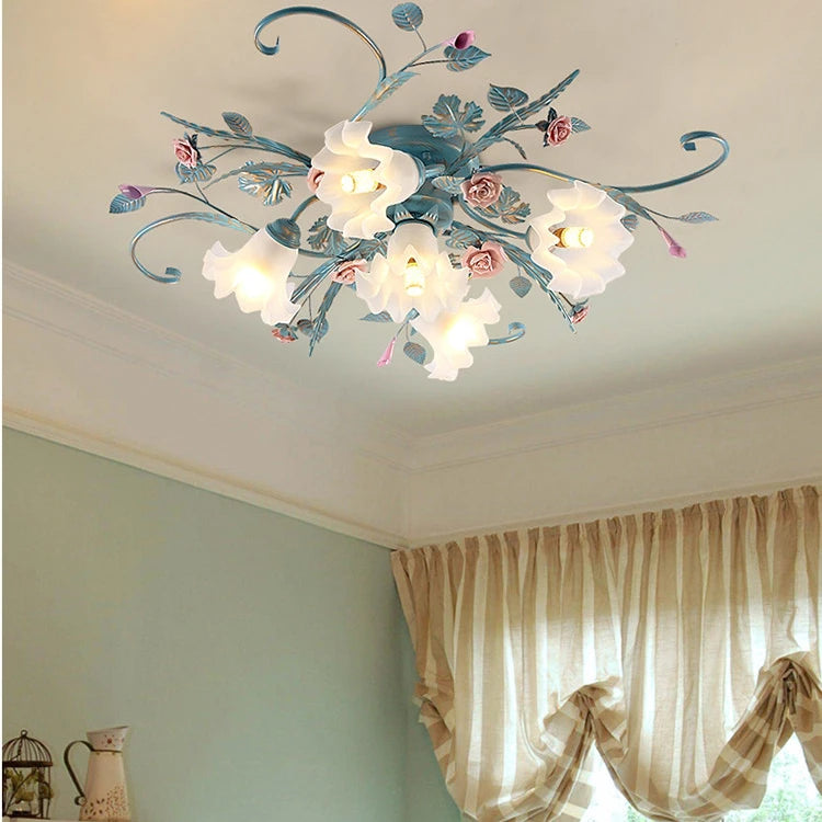 European Vintage Ceramics Floral Blue Iron Ceiling Light French Rustic Art Chandelier for Living Room & Bedroom