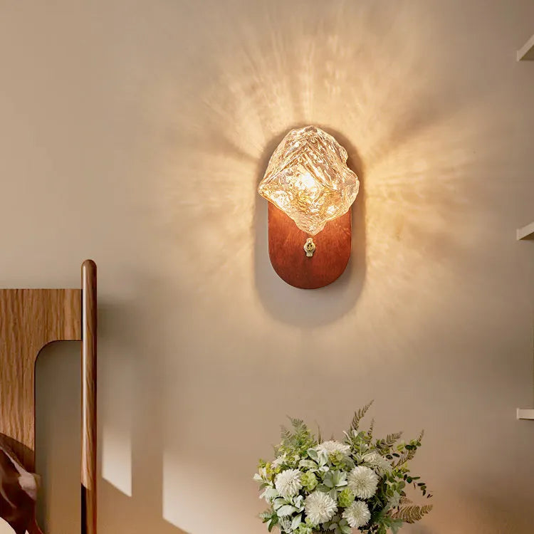 Vintage Ice Glass Wall Sconce Mid-Century Solid Wood Bedside Wall Light for Bedroom, Hallway & Living Room