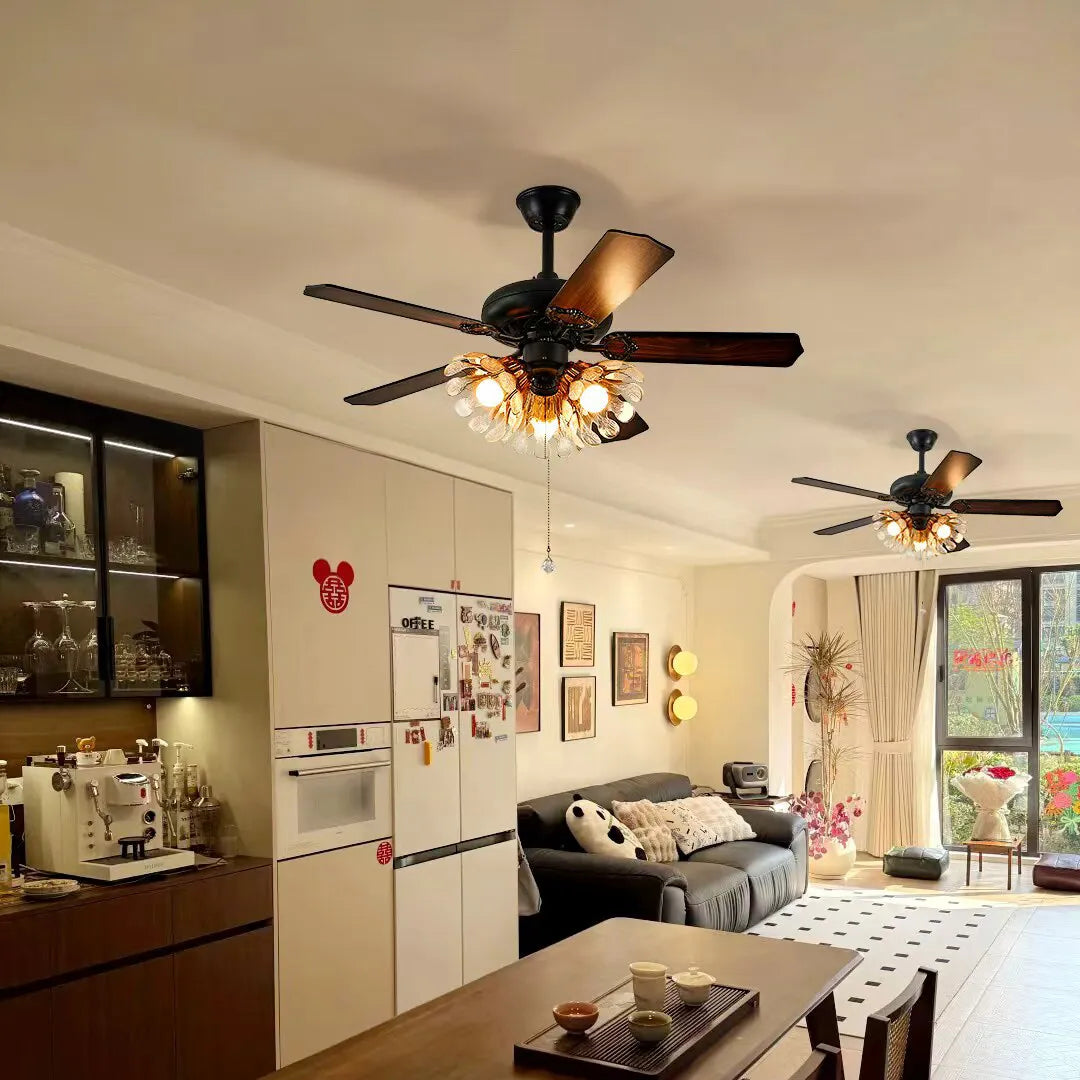 French Vintage Ceiling Fan with Light Rustic Wooden Blades Fan-Light Combo For Living Dining Room  Bedrooms