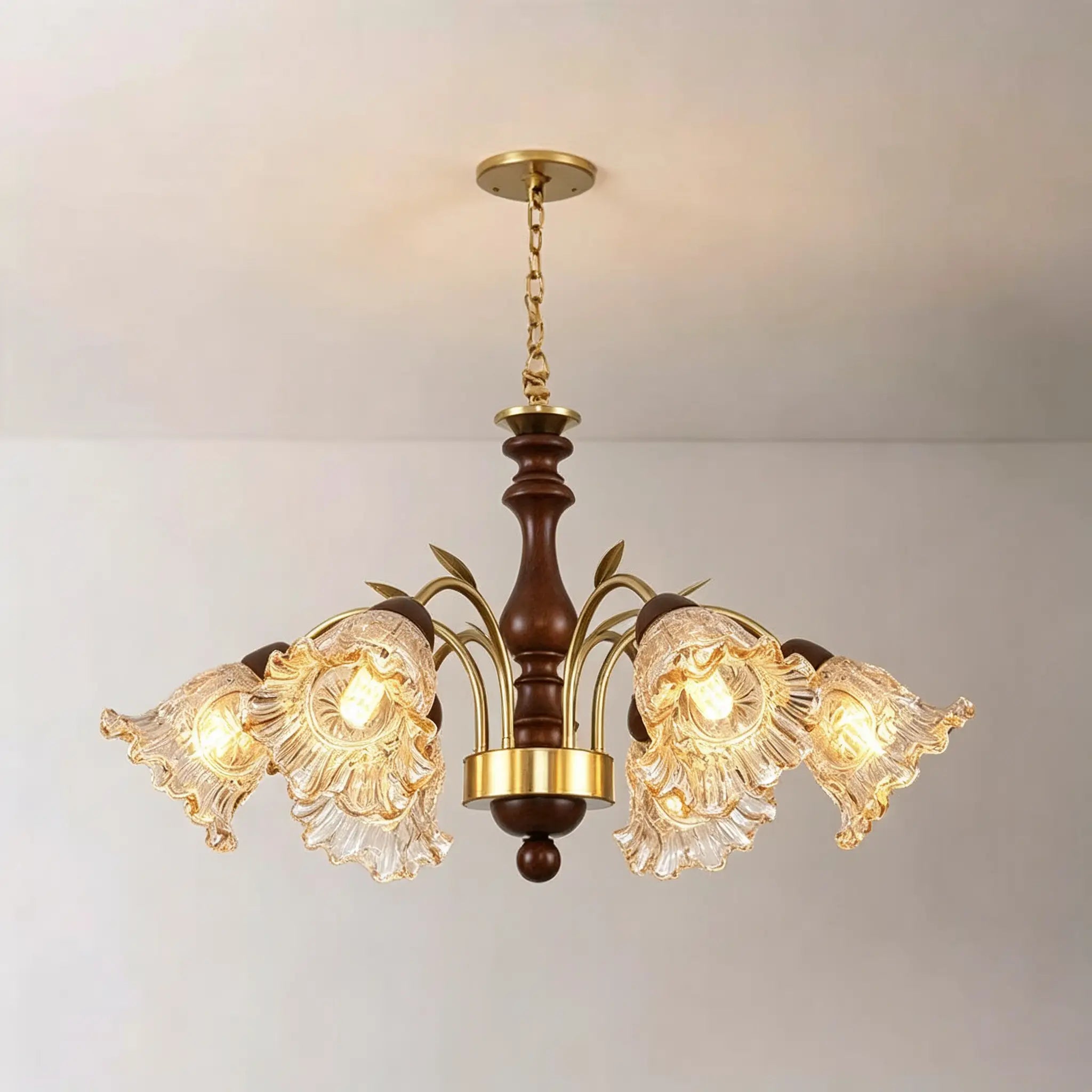 Mid‑Century Modern Pendant Light Tri‑Color Dimming Chandeliers Wood Center Post Iron Frame Hanging lamp