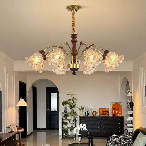 Mid‑Century Modern Pendant Light Tri‑Color Dimming Chandeliers Wood Center Post Iron Frame Hanging lamp