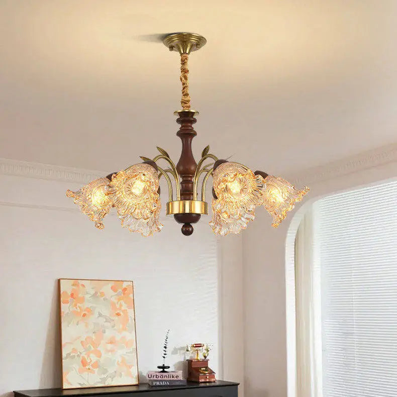 Mid‑Century Modern Pendant Light Tri‑Color Dimming Chandeliers Wood Center Post Iron Frame Hanging lamp