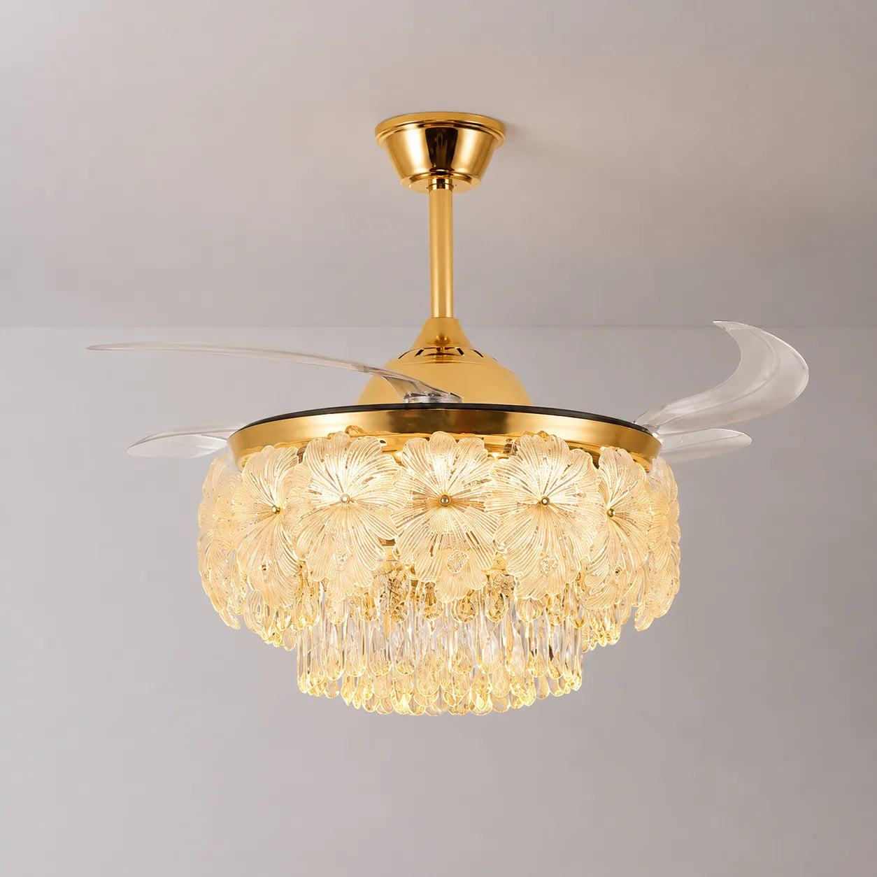 French Luxury Crystal Ceiling Fan Chandelier Light Modern 2-in-1 Fan & Lighting Fixture for Bedroom & Dining Living Room