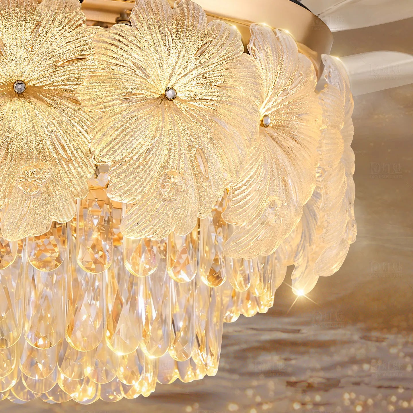 French Luxury Crystal Ceiling Fan Chandelier Light Modern 2-in-1 Fan & Lighting Fixture for Bedroom & Dining Living Room