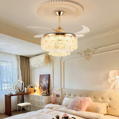 French Luxury Crystal Ceiling Fan Chandelier Light Modern 2-in-1 Fan & Lighting Fixture for Bedroom & Dining Living Room