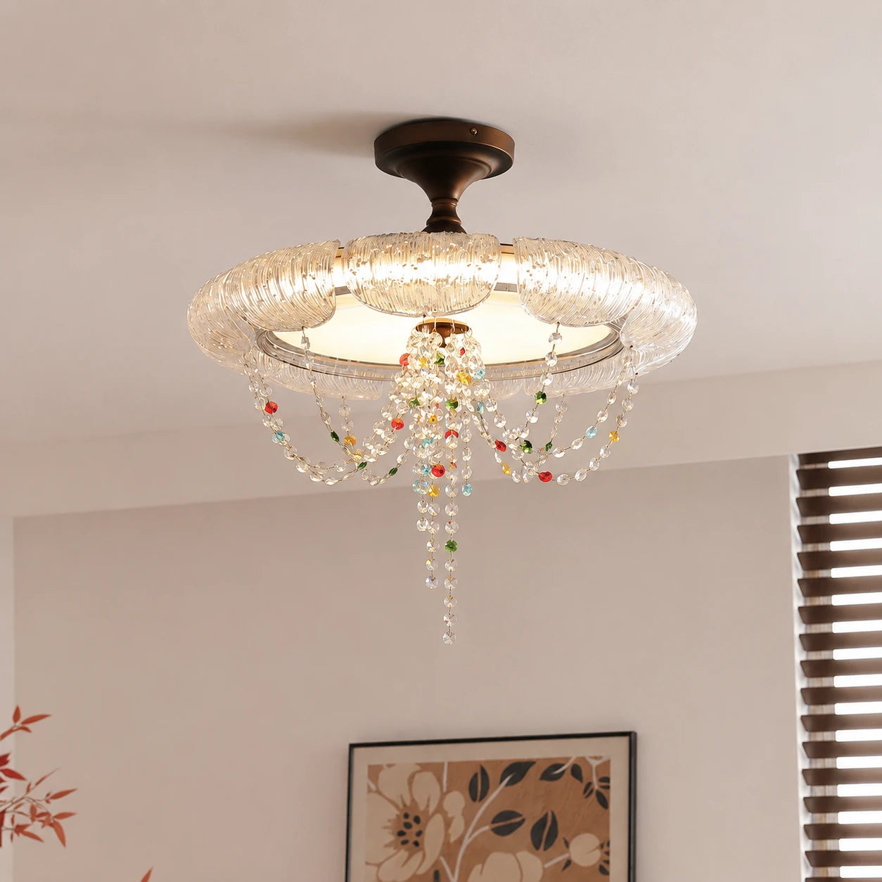 French Luxury Crystal Chandelier Retro Semi-Flush Ceiling light Mid-Century Modern Apartment Hanging Lamp