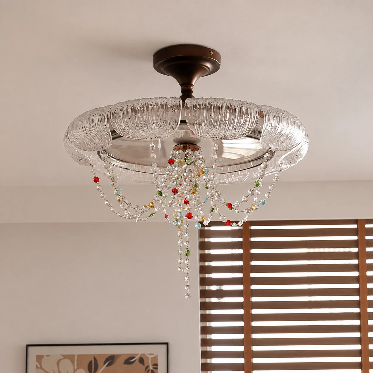 French Luxury Crystal Chandelier Retro Semi-Flush Ceiling light Mid-Century Modern Apartment Hanging Lamp
