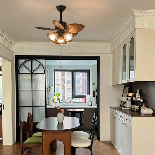 French Vintage Ceiling Fan with Light Mid‑Century Modern Glass 3-Lighted Ceiling Fan For Living Dining Room  Bedrooms