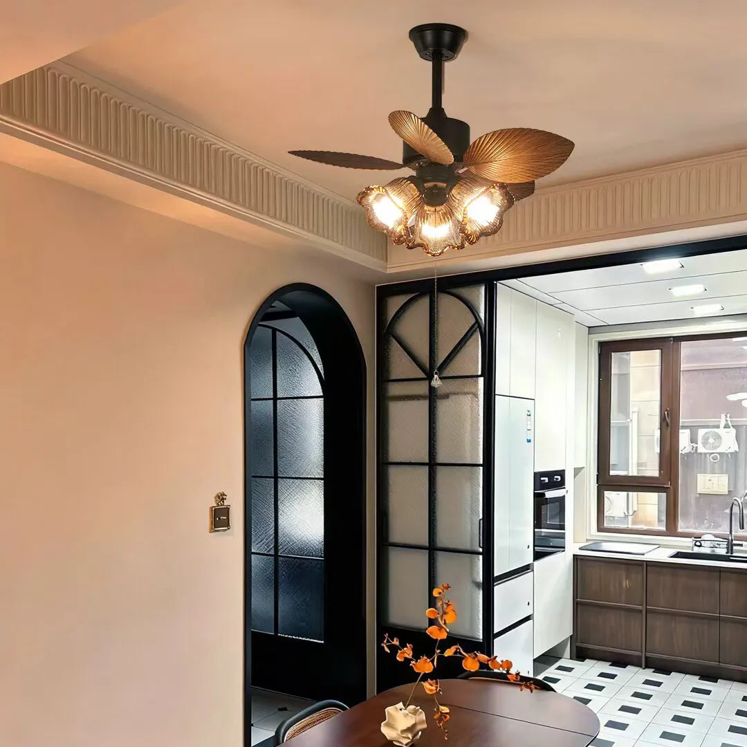 French Vintage Ceiling Fan with Light Mid‑Century Modern Glass 3-Lighted Ceiling Fan For Living Dining Room  Bedrooms