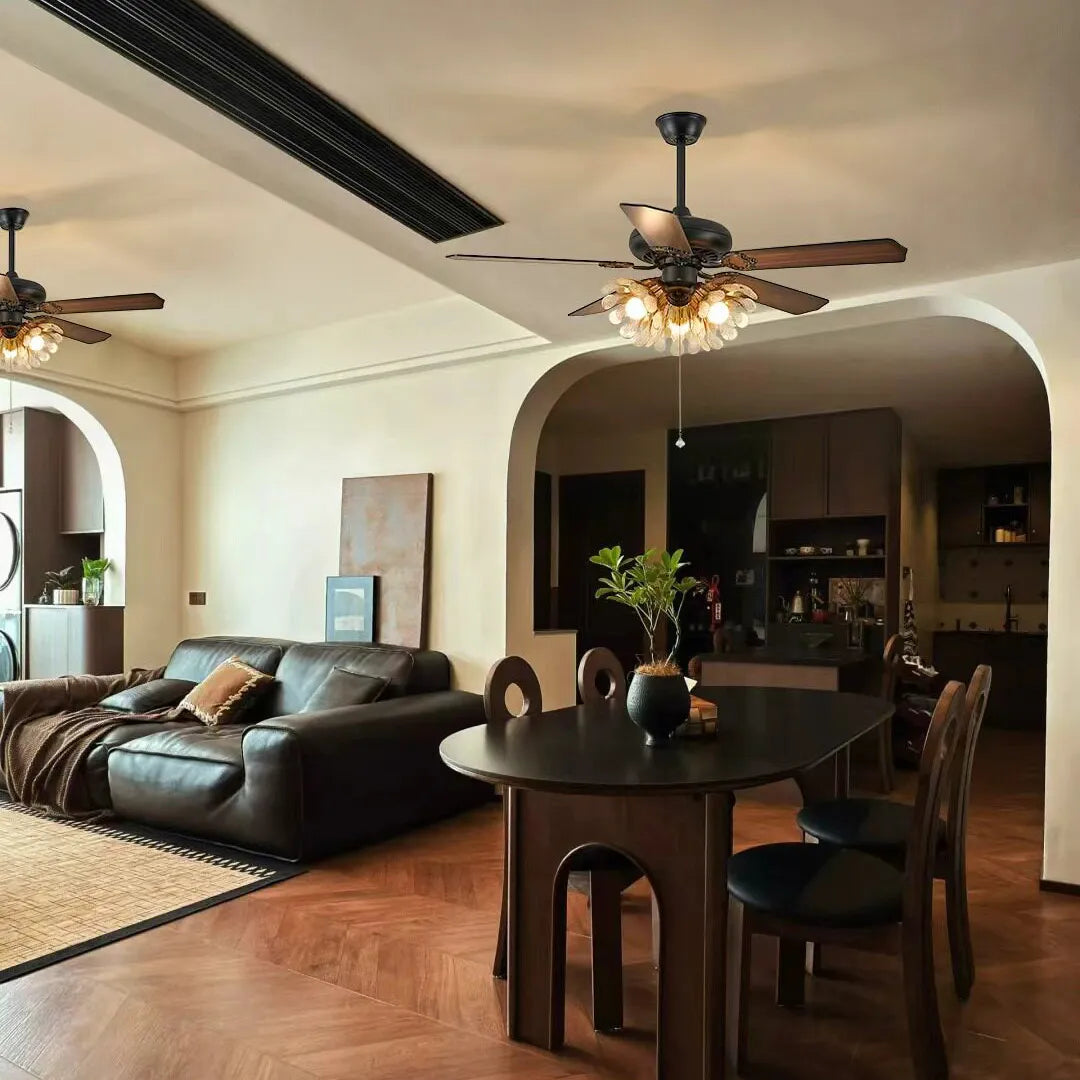 French Vintage Ceiling Fan with Light Rustic Wooden Blades Fan-Light Combo For Living Dining Room  Bedrooms