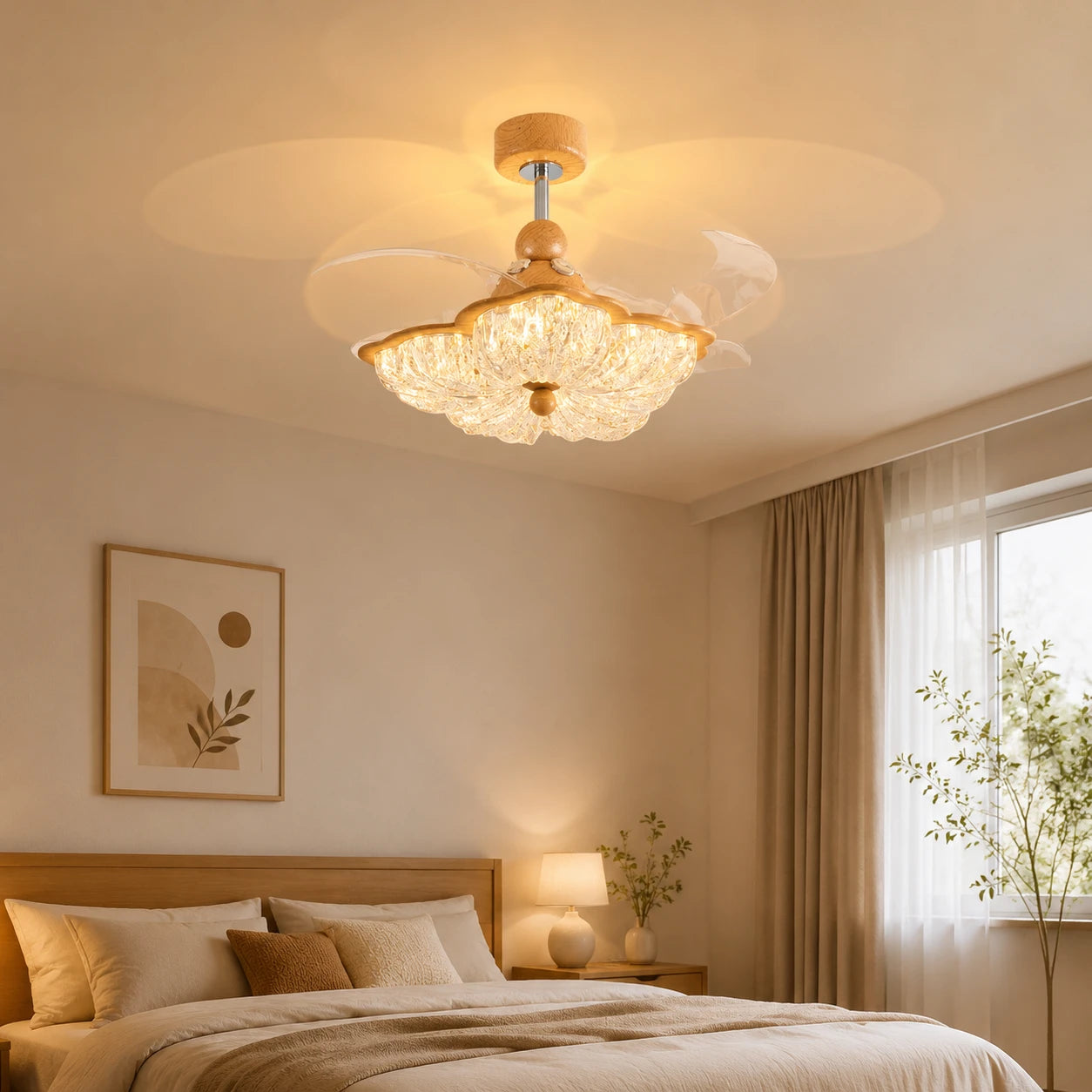 Mid-Century Luxury Flower Ceiling Fan Chandelier Light French Vintage Petal Fan-Light Combo for Dining Living Bedroom