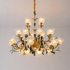 French Vintage Floral Glass Crystal Chandelier Farmhouse Gold Pendant Light for Living Room, Dining Room & Staircase