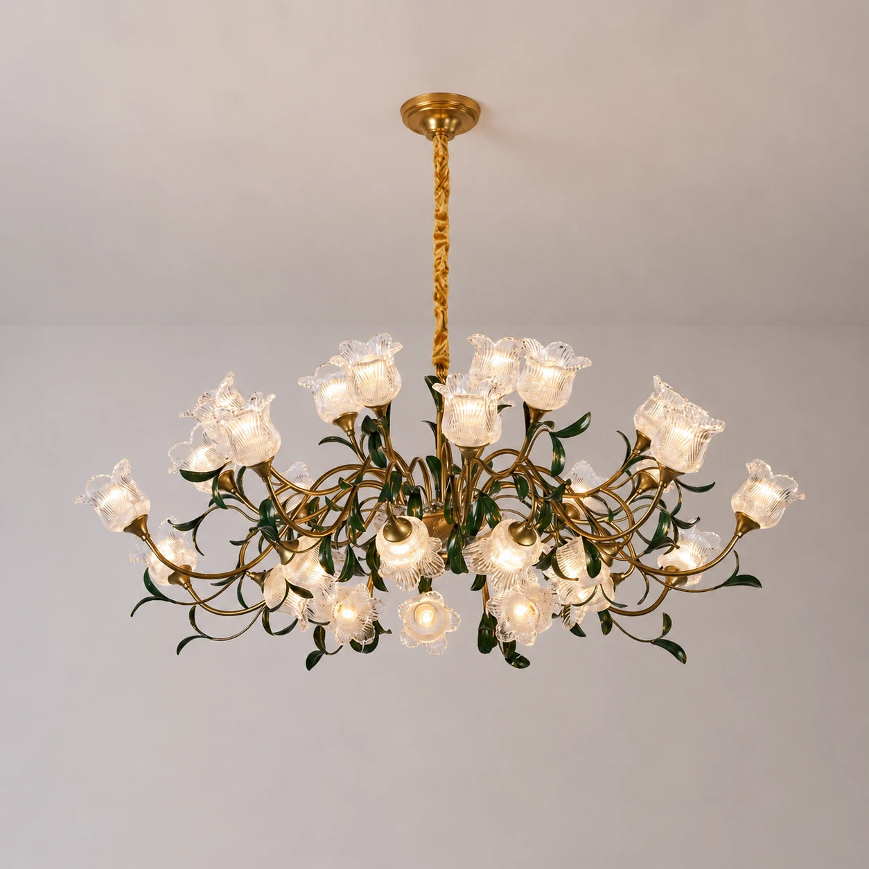 French Vintage Floral Glass Crystal Chandelier Farmhouse Gold Pendant Light for Living Room, Dining Room & Staircase