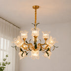 French Vintage Floral Glass Crystal Chandelier Farmhouse Gold Pendant Light for Living Room, Dining Room & Staircase
