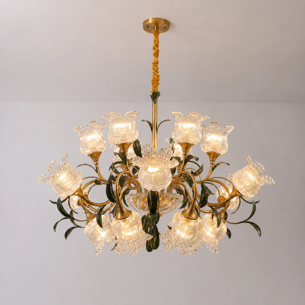 French Vintage Floral Glass Crystal Chandelier Farmhouse Gold Pendant Light for Living Room, Dining Room & Staircase