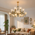 French Vintage Floral Glass Crystal Chandelier Farmhouse Gold Pendant Light for Living Room, Dining Room & Staircase