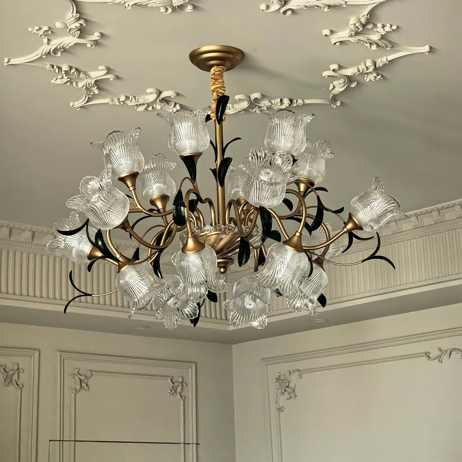 French Vintage Floral Glass Crystal Chandelier Farmhouse Gold Pendant Light for Living Room, Dining Room & Staircase