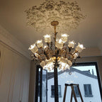 French Vintage Floral Glass Crystal Chandelier Farmhouse Gold Pendant Light for Living Room, Dining Room & Staircase
