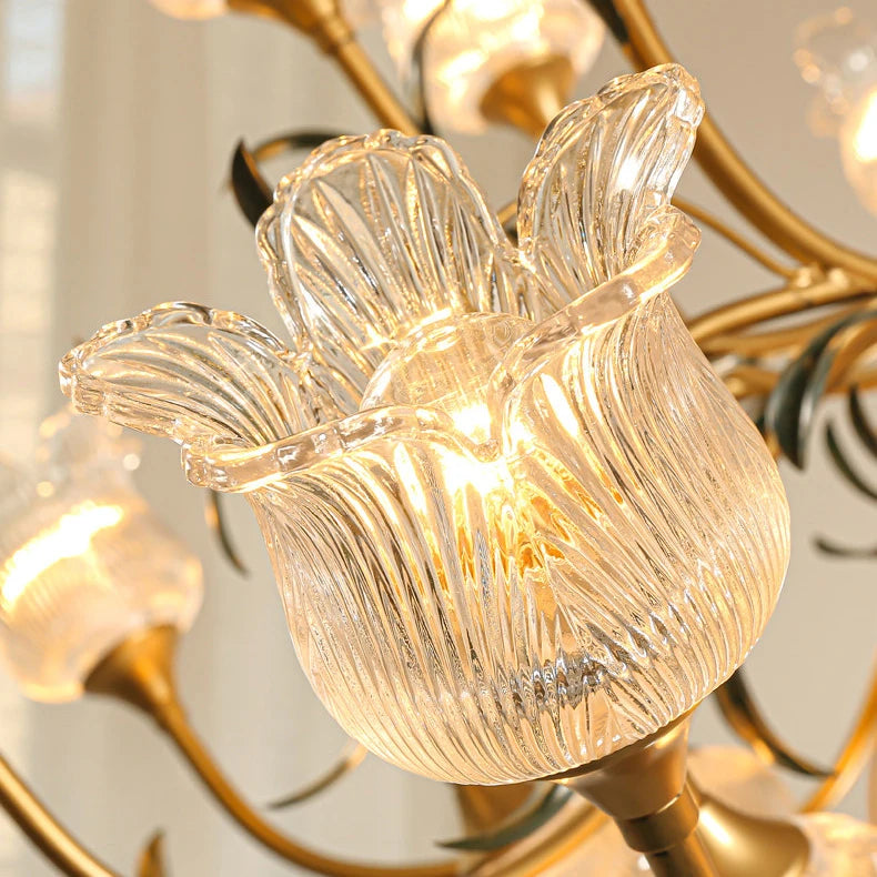French Vintage Floral Glass Crystal Chandelier Farmhouse Gold Pendant Light for Living Room, Dining Room & Staircase