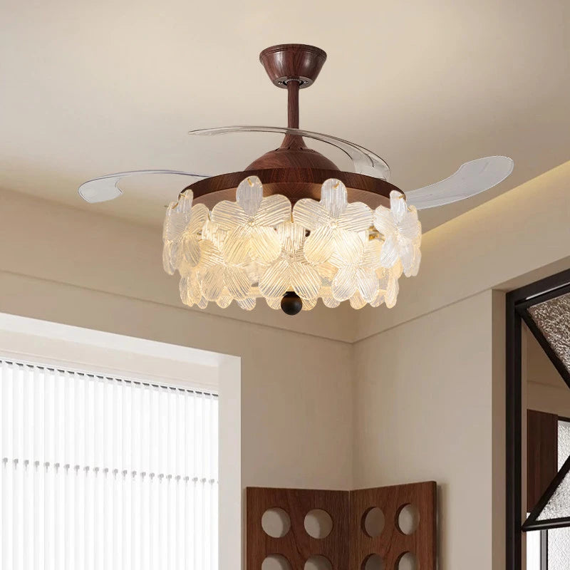 Retro Walnut Wood Ceiling Fan with Light French Country Fan-Light Combo Chandelier  for Bedroom Living