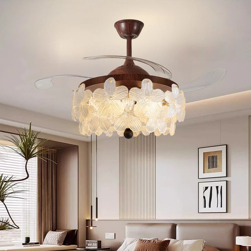 Retro Walnut Wood Ceiling Fan with Light French Country Fan-Light Combo Chandelier  for Bedroom Living