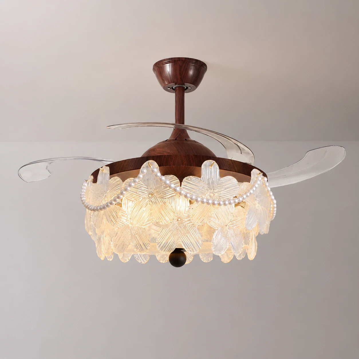 Retro Walnut Wood Ceiling Fan with Light French Country Fan-Light Combo Chandelier  for Bedroom Living