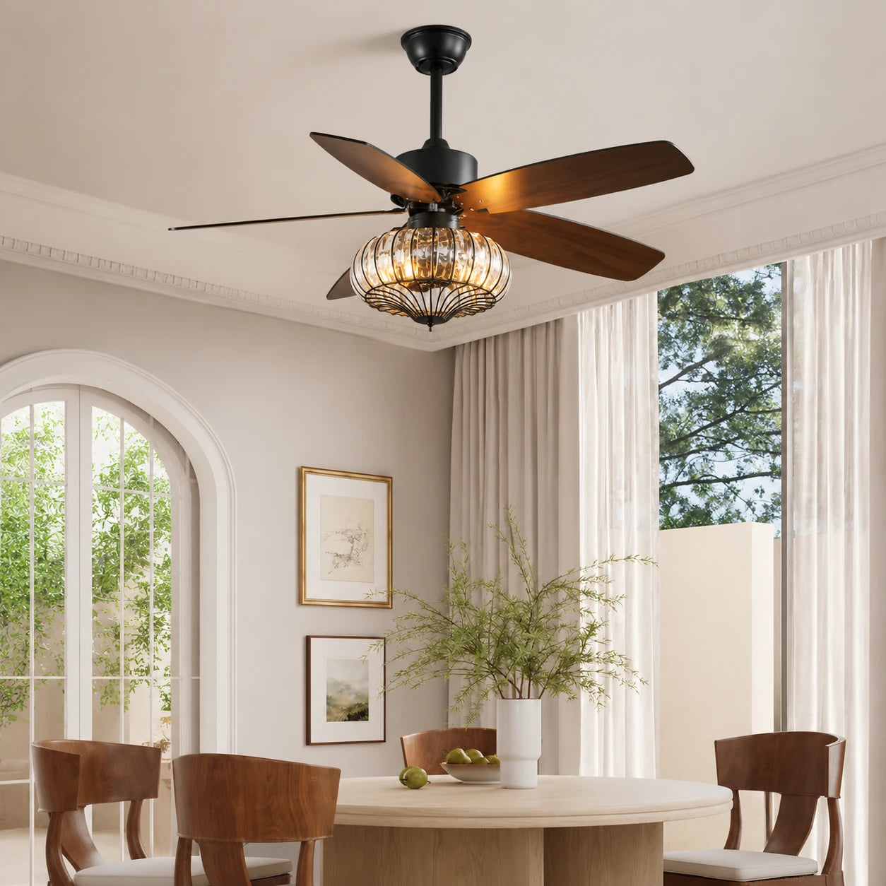 Rustic Ceiling Fan with Crystal Light Retro American Fan Light Combo with Walnut Wood Grain Fan Blades