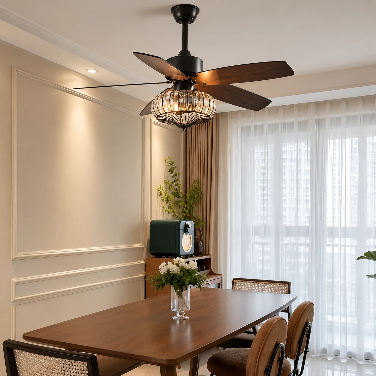Rustic Ceiling Fan with Crystal Light Retro American Fan Light Combo with Walnut Wood Grain Fan Blades