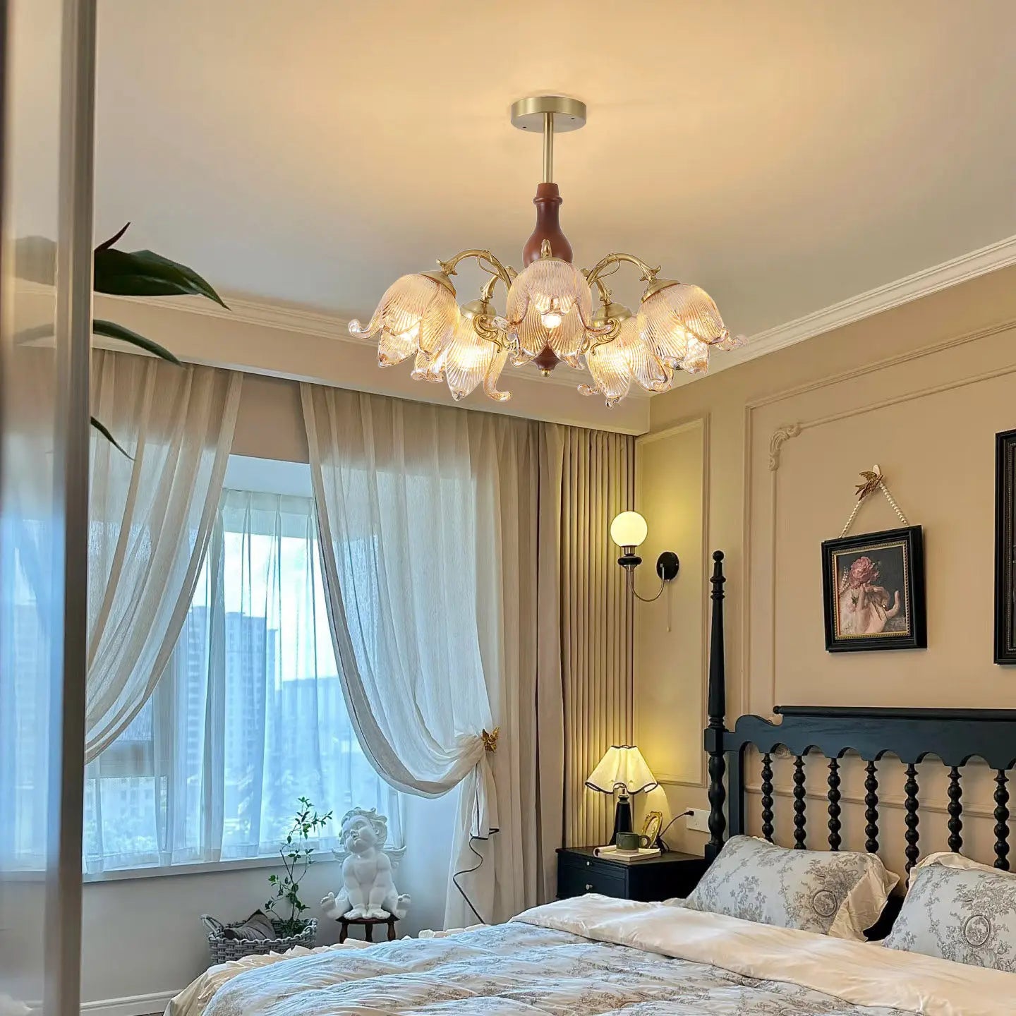 Retro Maillard Floral Glass Pendant Light Chandeliers French Postmodern Vintage Hanging lamp