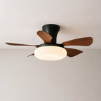 Modern Walnut Wood Grain Ceiling Fan Light with LED Dimmable Flush Mount Fan-Light Combo for Bedroom Living