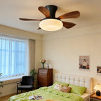 Modern Walnut Wood Grain Ceiling Fan Light with LED Dimmable Flush Mount Fan-Light Combo for Bedroom Living